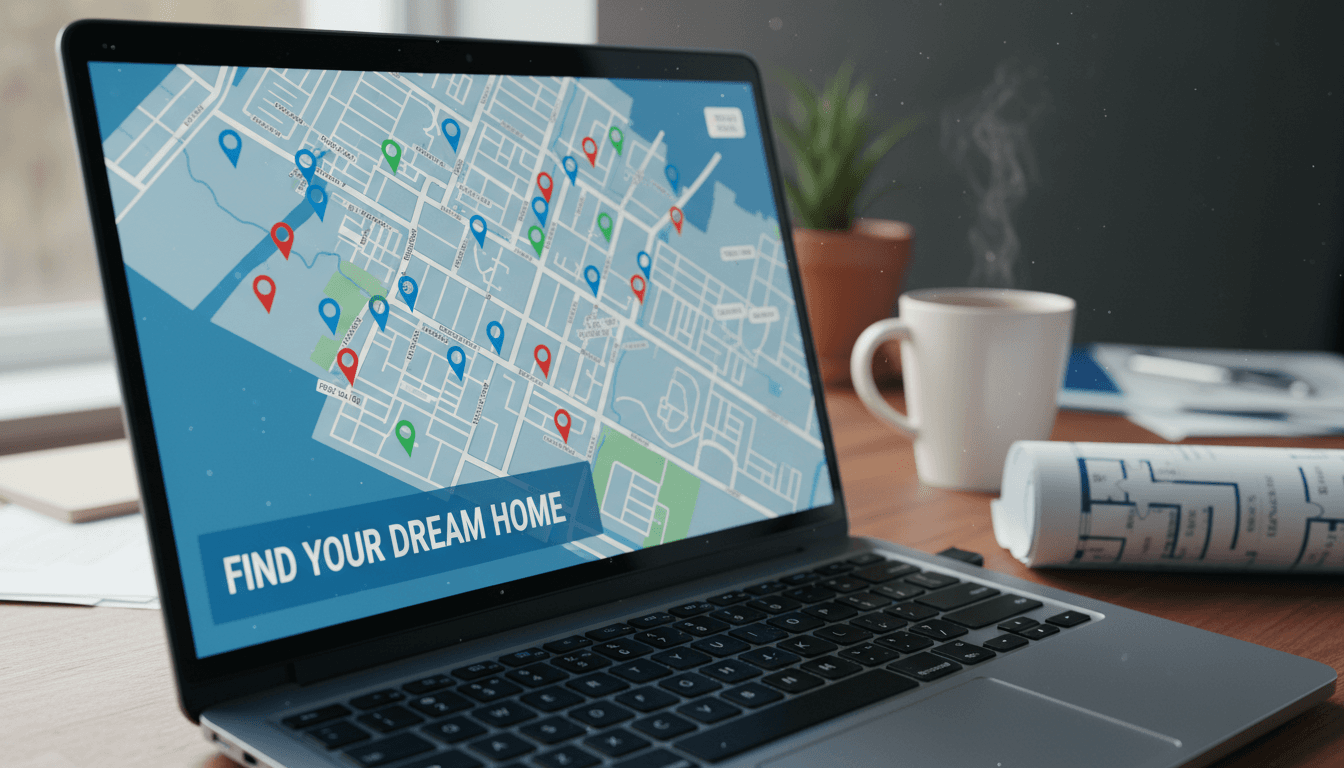 Laptop screen showing property listings map with pins