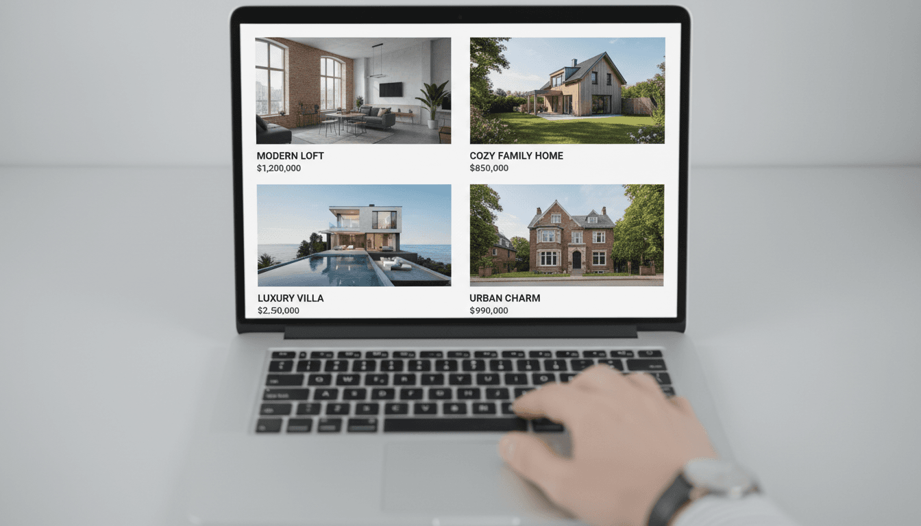 Laptop screen with four home listings shown side by side for comparison