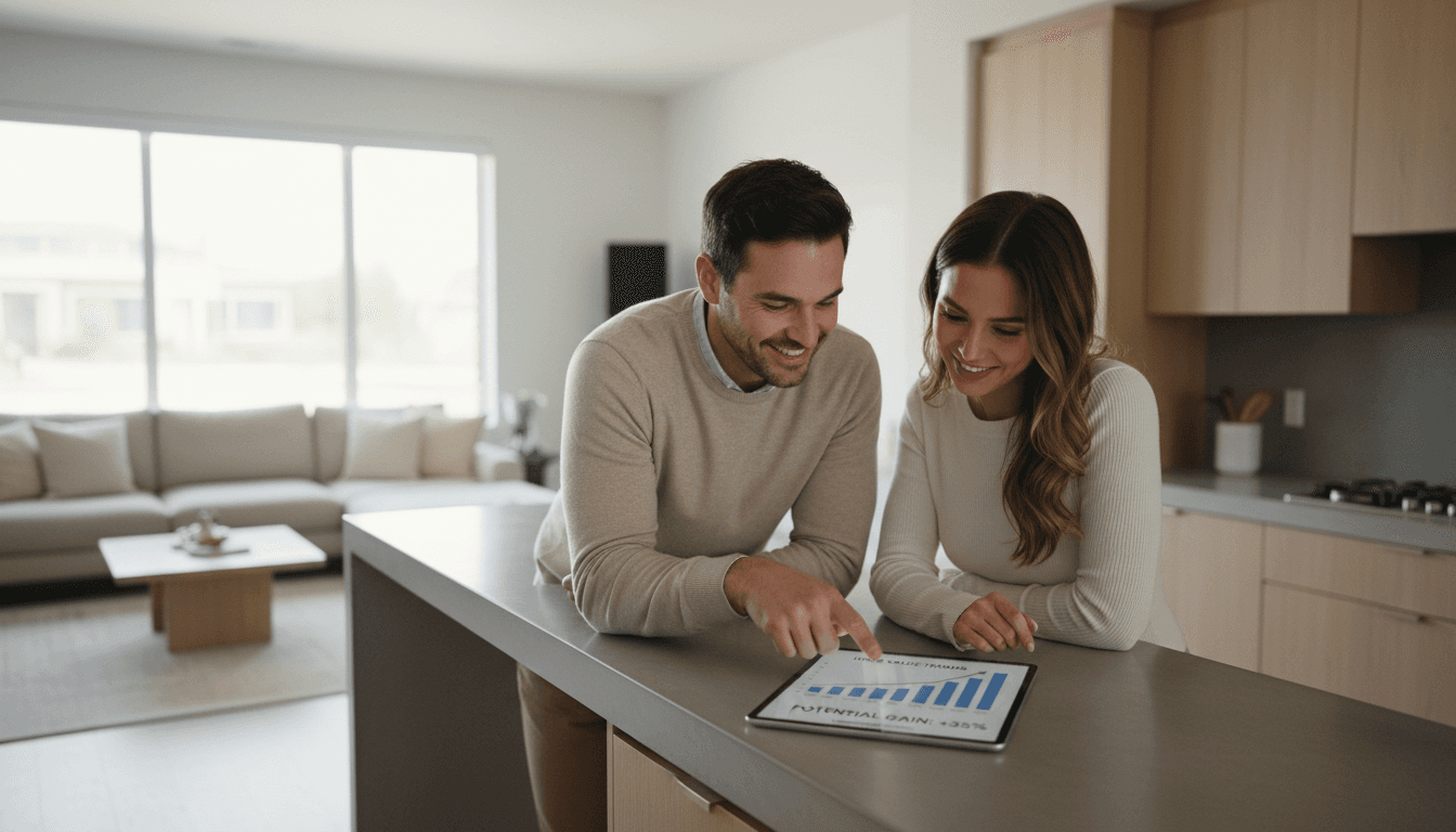 Real estate agent showing a home value estimate on a tablet to a client