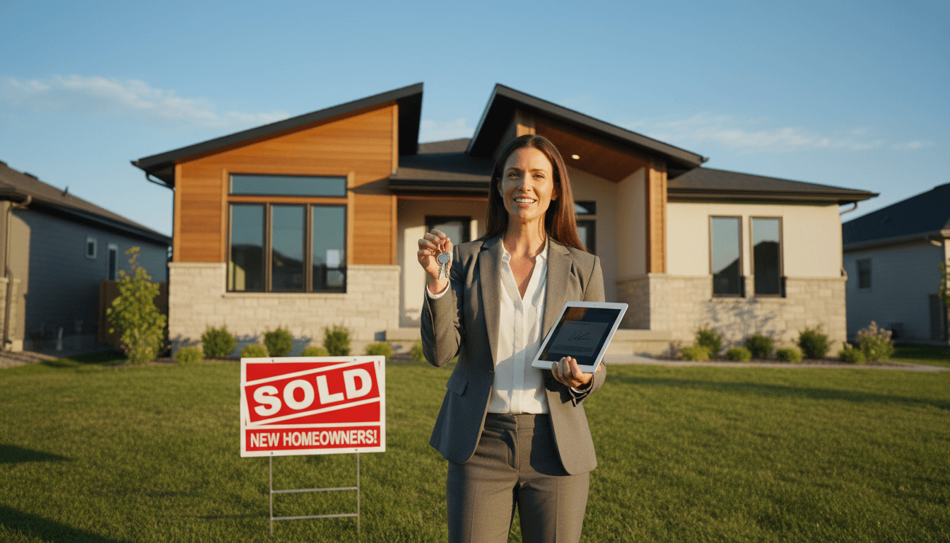 Real estate agent holding keys and tablet in front of a sold home