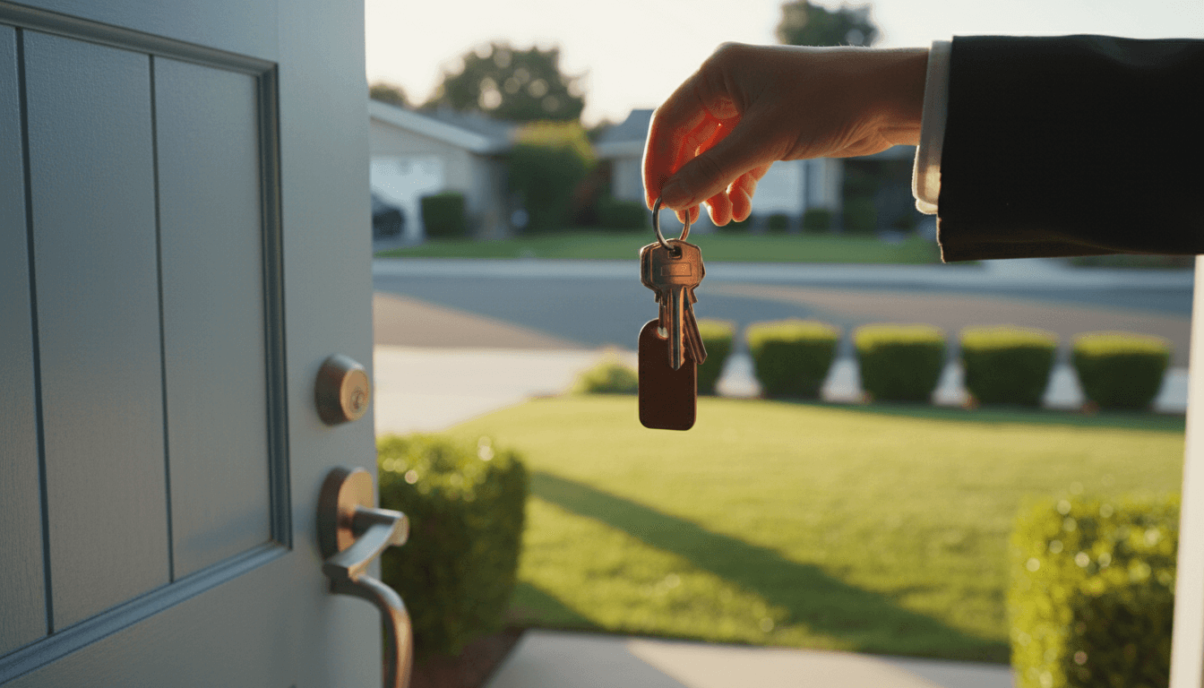 Hand holding house keys in front of a home entry door