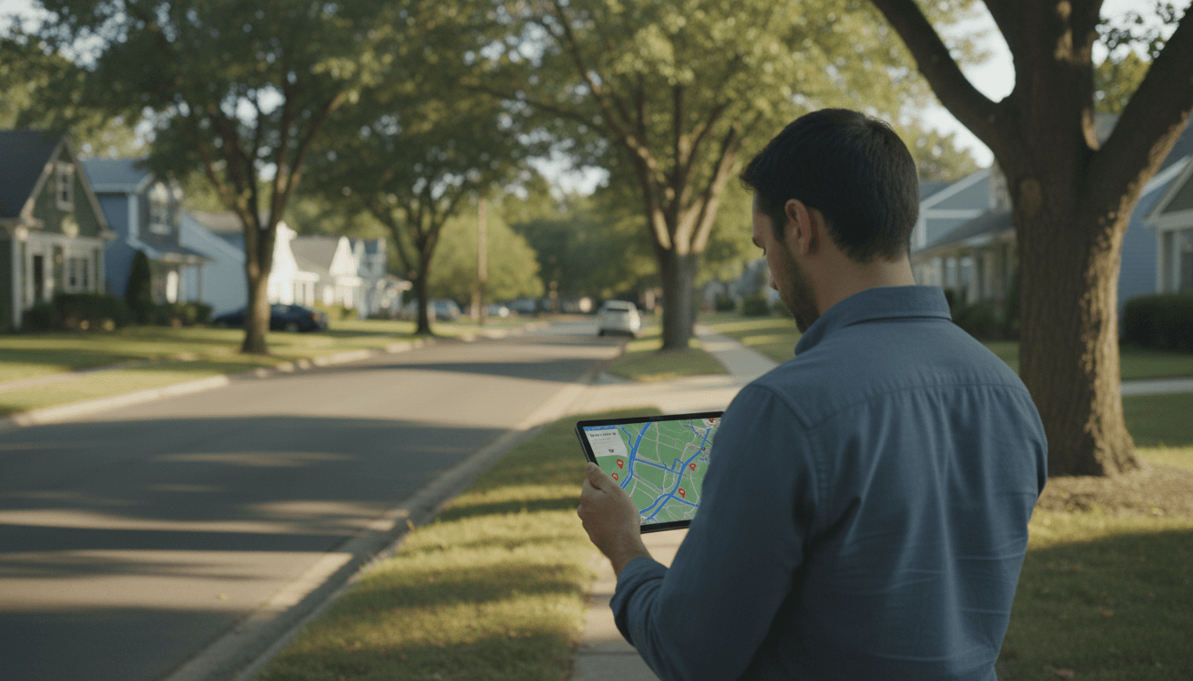 Person reviewing neighborhood data on a tablet while standing on a San Jose street
