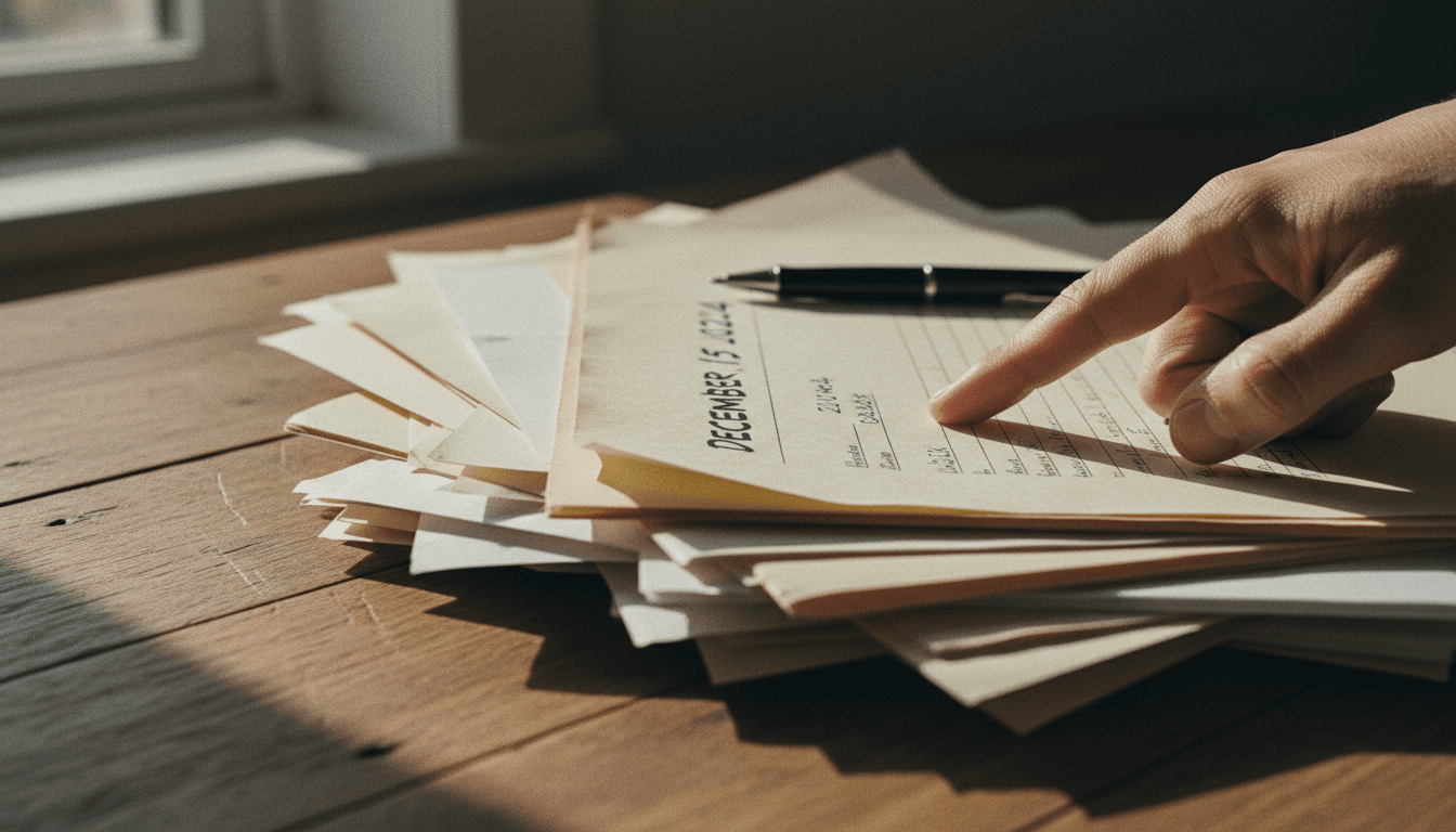 Hand pointing to a date on a real estate property history document on a desk