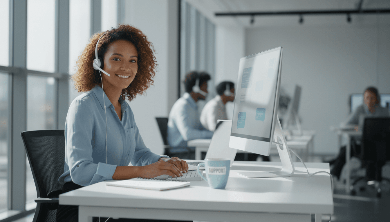 Customer support agent on phone in modern office with listings on screen
