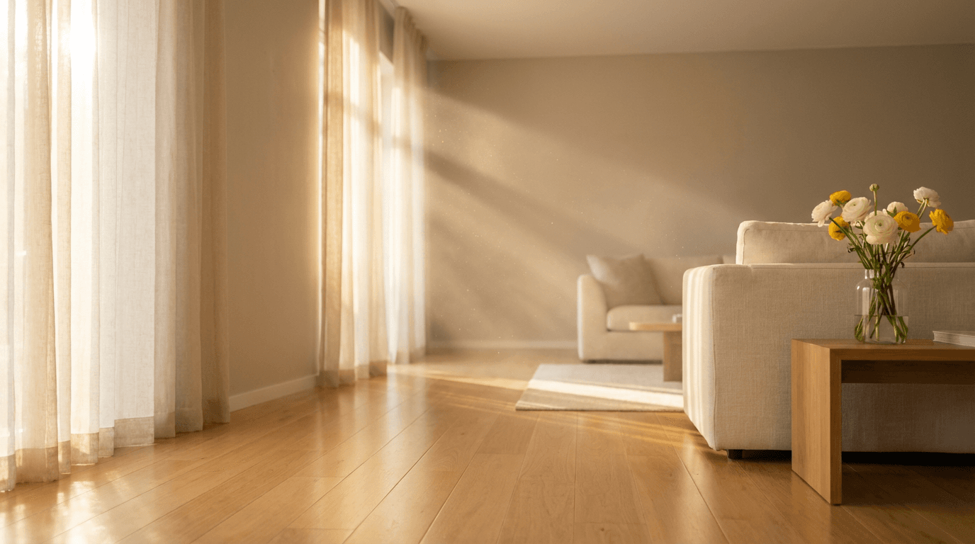 Sunlit living room with an open front door welcoming visitors